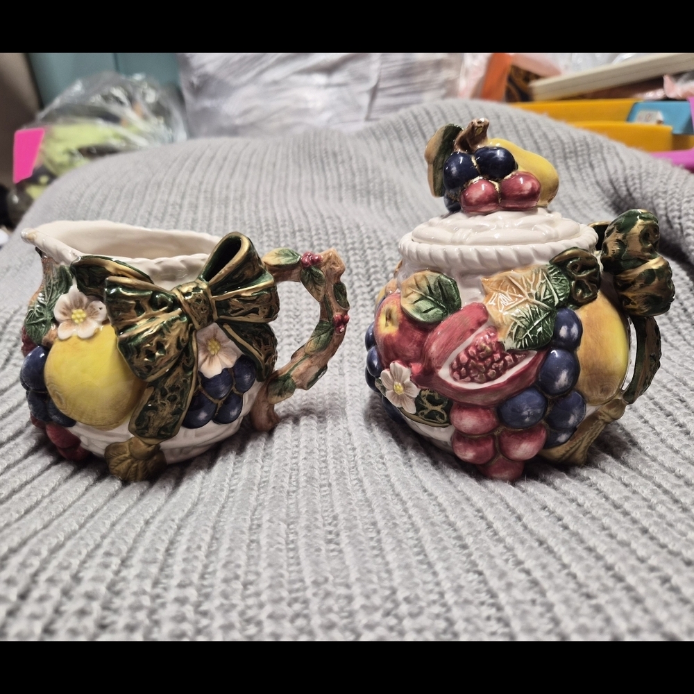 Fruit-Themed Ceramic Pitcher and Sugar Bowl Set